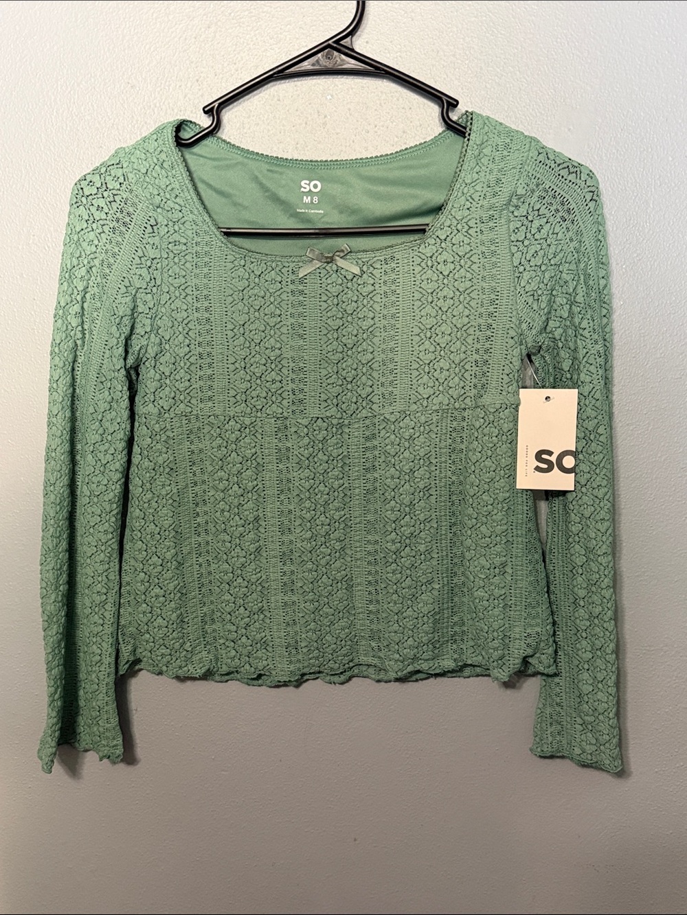 SO Sage Green Crochet Lace Long Sleeve Tee